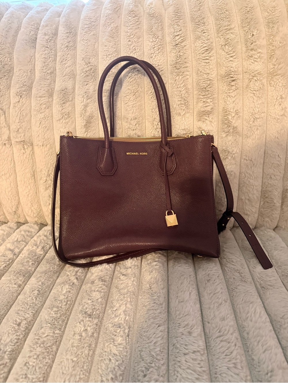 Michael Kors Pebbled Leather Tote in Burgundy with Gold Hardware